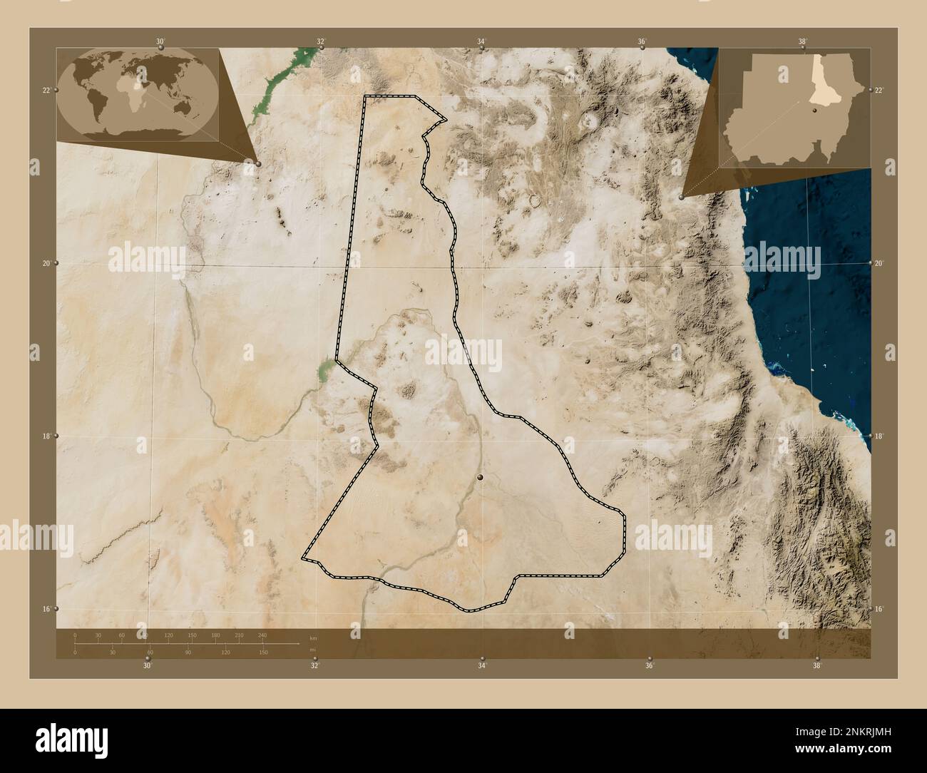 River Nile, state of Sudan. Low resolution satellite map. Corner auxiliary location maps Stock Photo