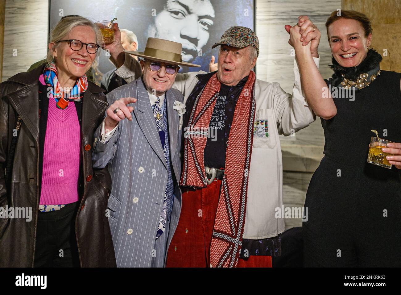 Photographer of Rolling Stones' classic album Beggars Banquet from 1968, Michael Joseph, George Skeggs and friends at Iconic Images Gallery Piccadilly Stock Photo