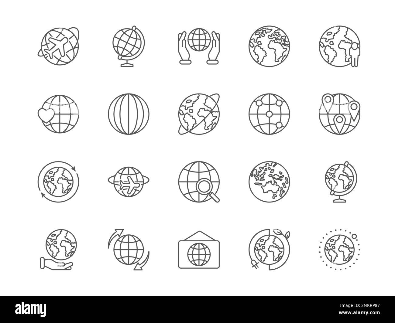 World globe. Planet icons. Earth in hands. Global international map. Europe country. Continents and ocean. Business travel signs. Geography and cartog Stock Vector