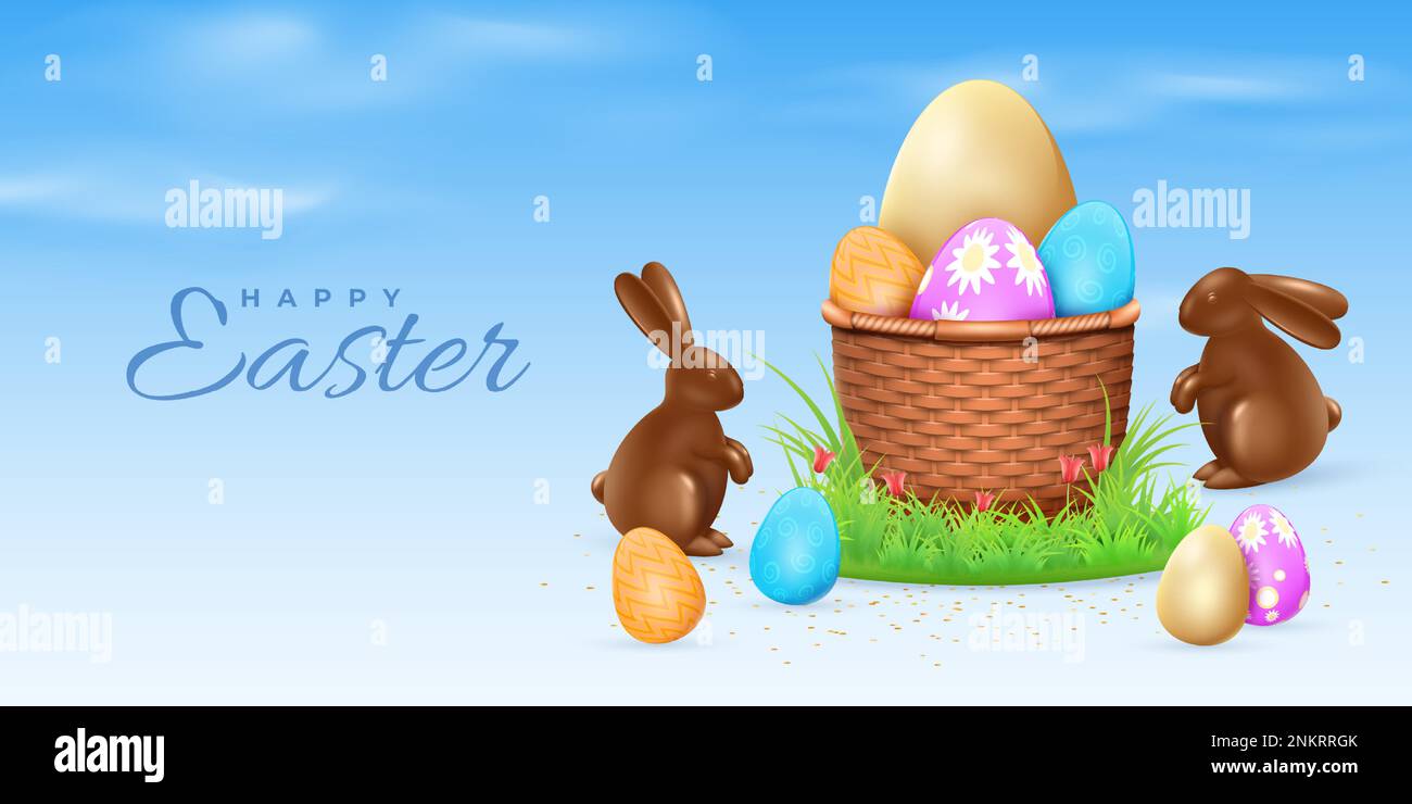 3d happy easter egg basket. Modern layout with religious nest, spring holidays sale promo. Chocolate rabbits and patterned eggs. Minimal web poster te Stock Vector
