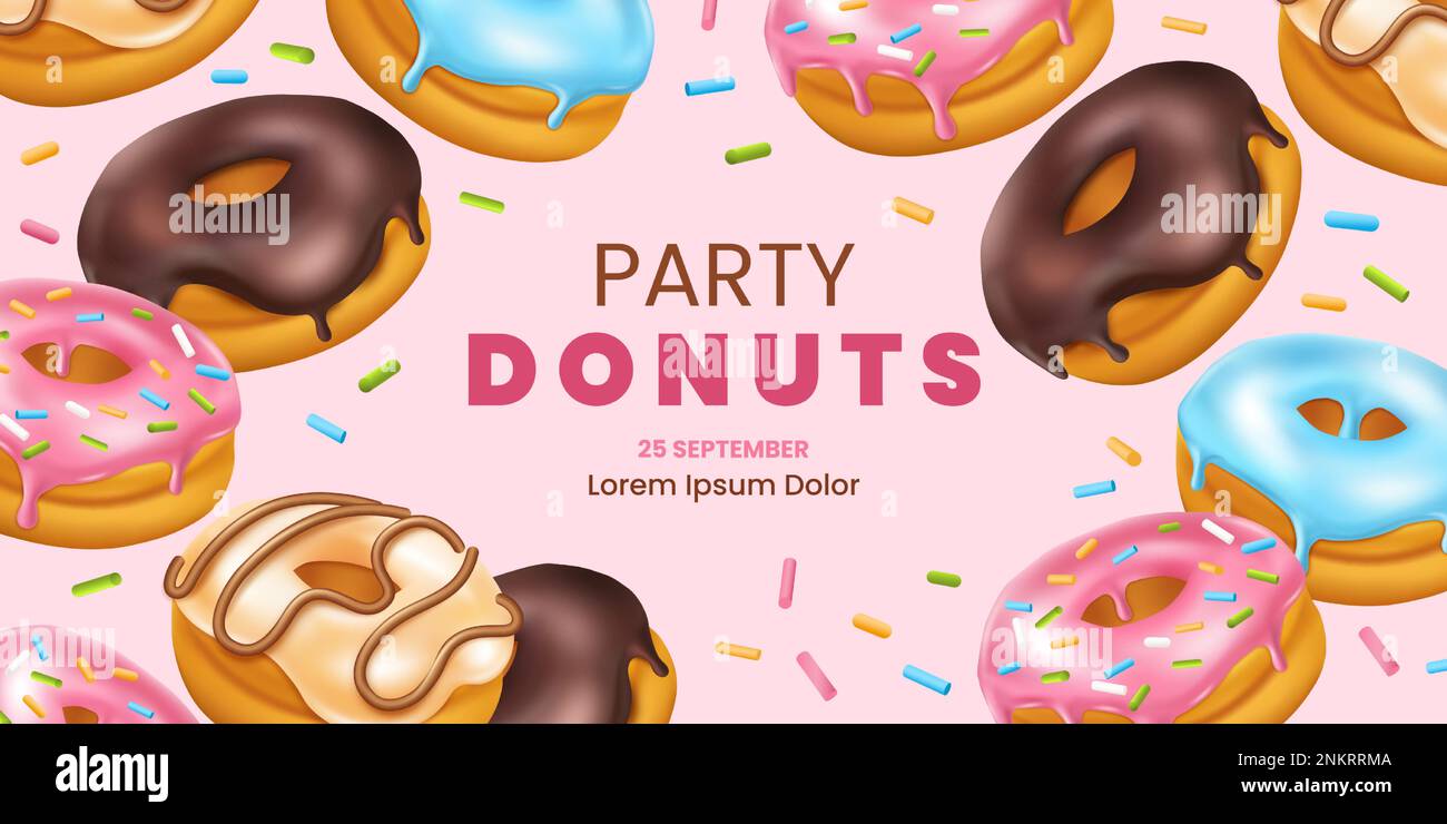 Donut party flyer, confectionery menu. Baked doughnut birthday