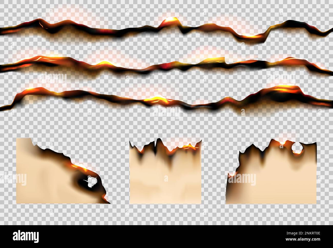 Burning paper. Charred pieces. Dirty and grunge broken parchment ...