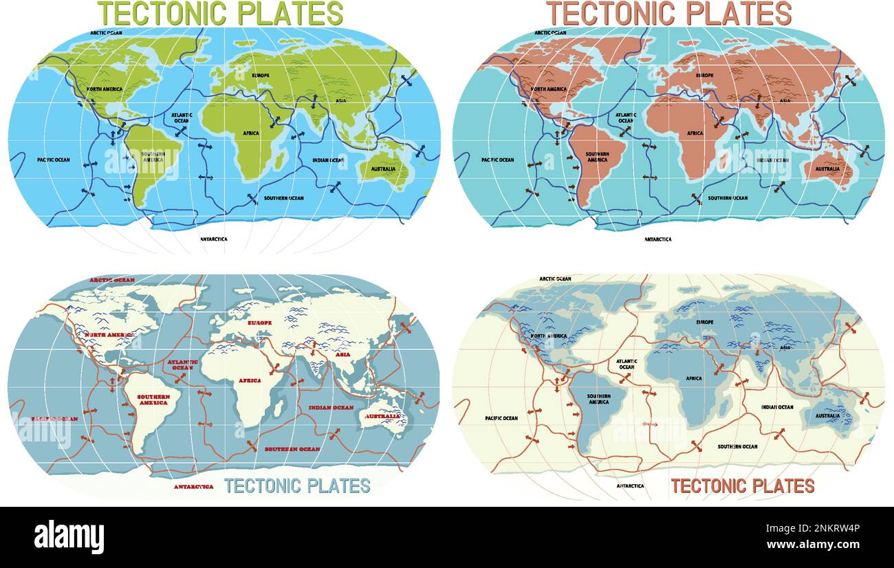 Tectonic plates world map collection illustration Stock Vector