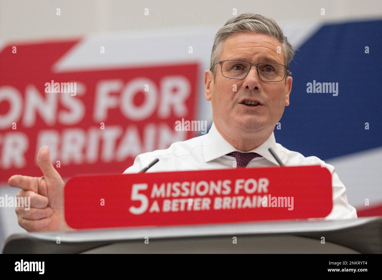 Manchester UK. 23/02/2023, Keir Starmer launches five bold missions for a better Britain at 1 Angel Square, Manchester UK. The Labour leader spoke in front of shadow cabinet colleagues and manchester based politicians. He outlined the purpose of missions as. “It means providing a clear set of priorities”.  A relentless focus on the things that matter at can ‘fix the fundamentals.” Picture: garyroberts/worldwidefeatures.com Stock Photo