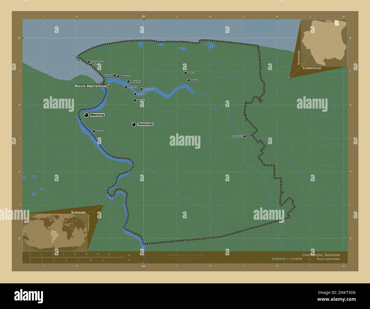 Commewijne, district of Suriname. Colored elevation map with lakes and ...