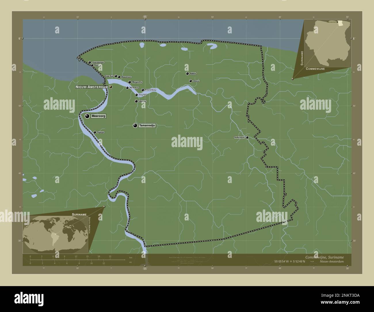 Commewijne, district of Suriname. Elevation map colored in wiki style ...