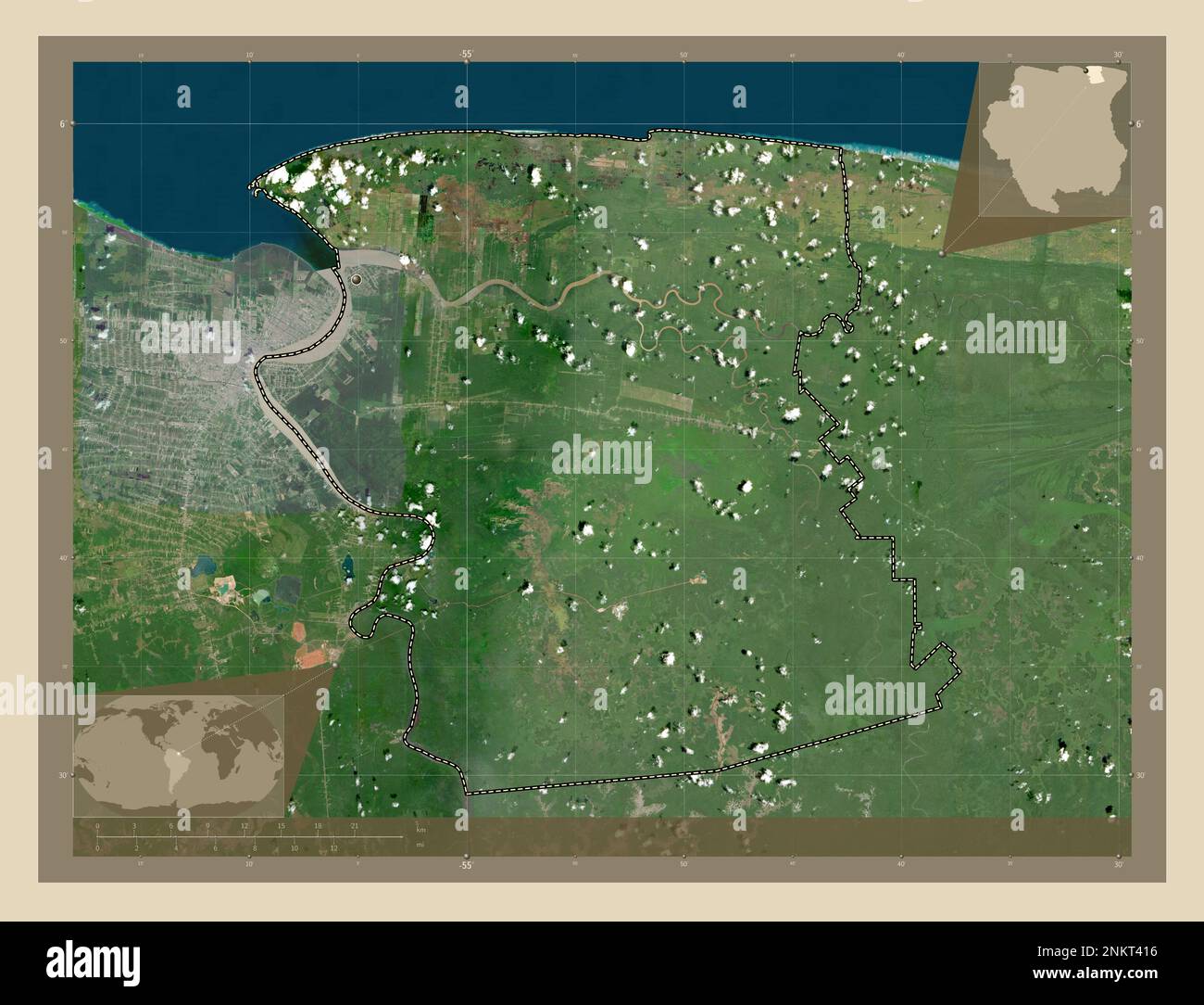Commewijne, district of Suriname. High resolution satellite map. Corner ...