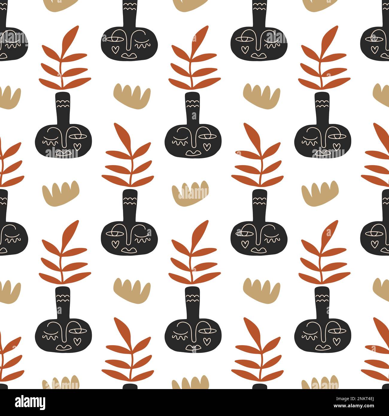 Floral minimal vases with faces seamless pattern Stock Vector