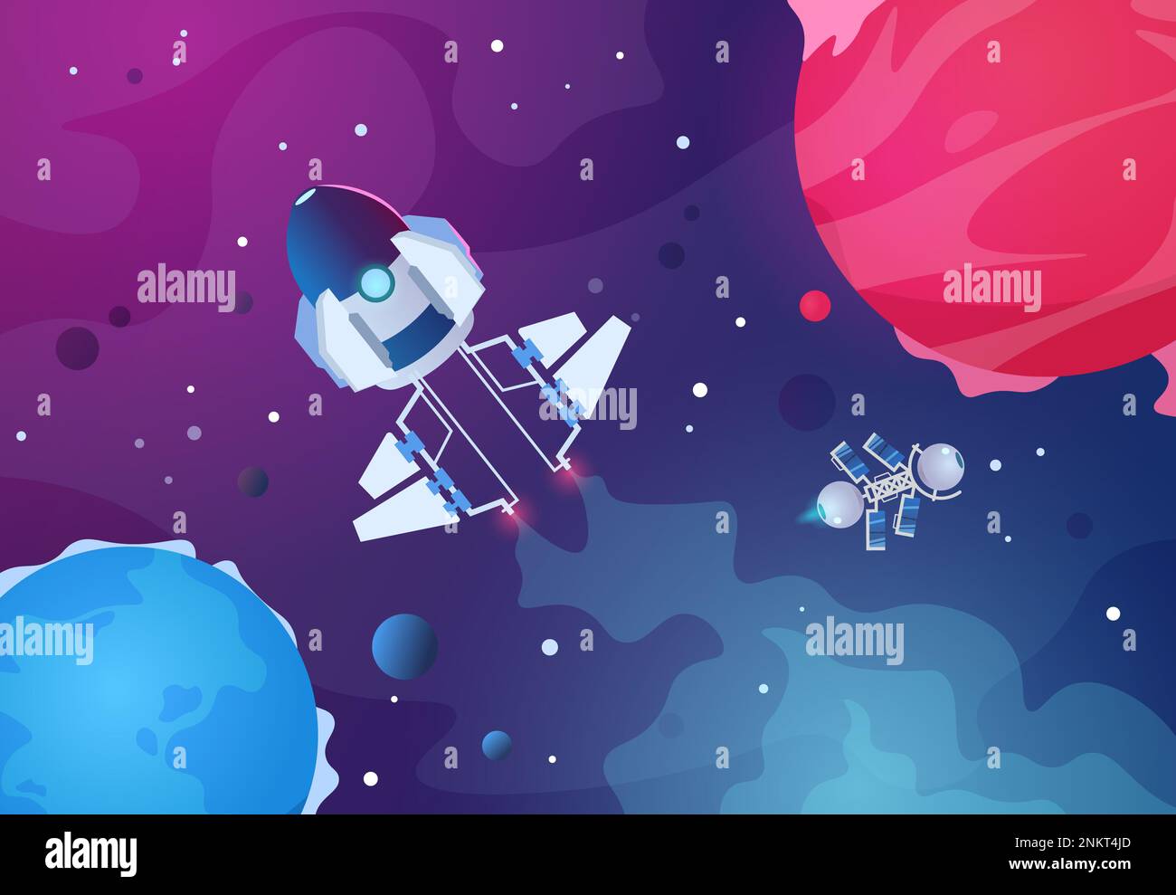 Cartoon space background. Alien planets spaceship asteroid earth planet ...