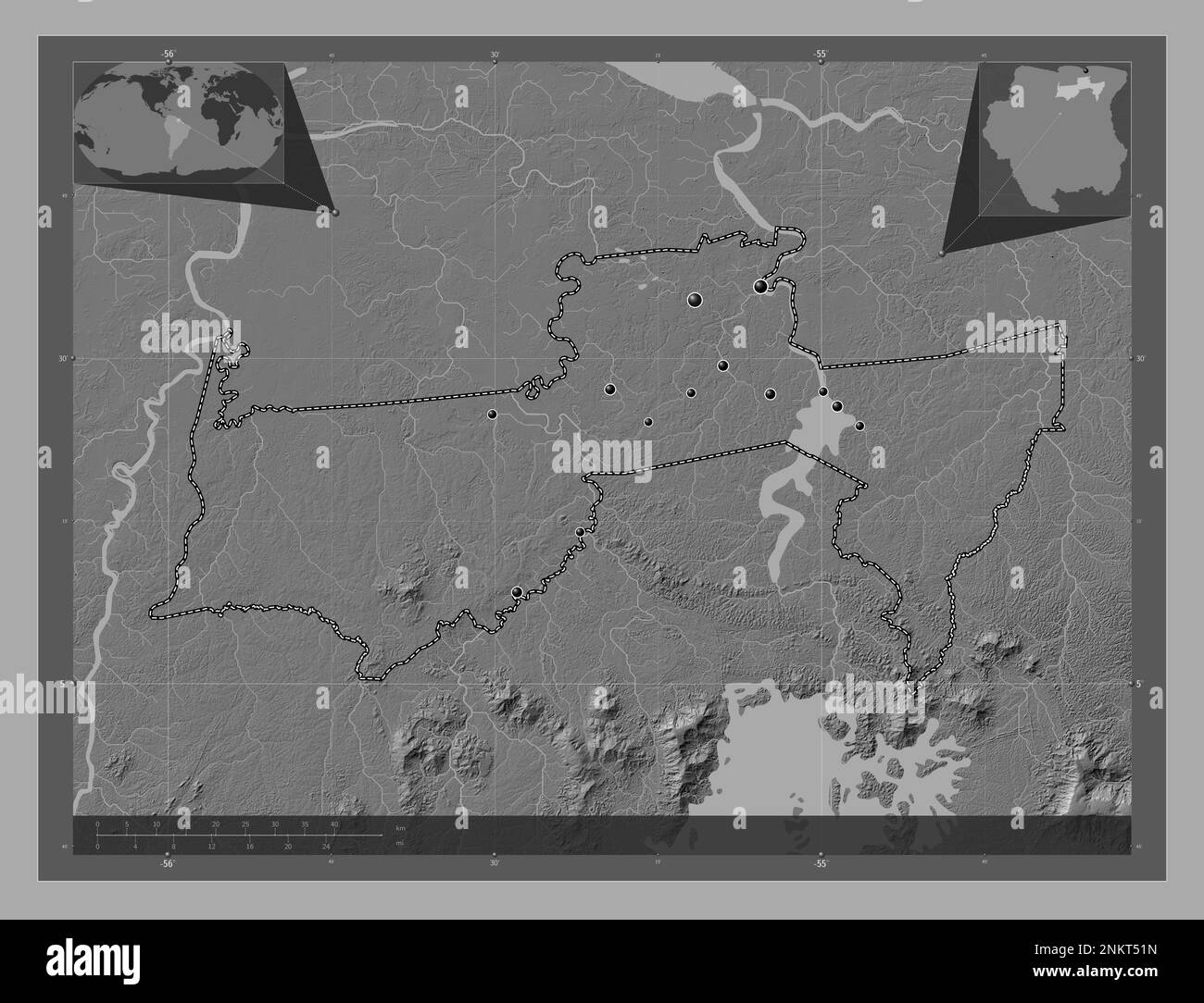 Para, district of Suriname. Bilevel elevation map with lakes and rivers. Locations of major cities of the region. Corner auxiliary location maps Stock Photo