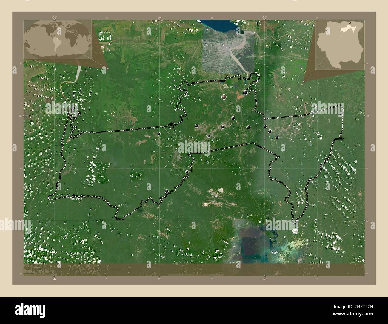 Para, district of Suriname. High resolution satellite map. Locations of major cities of the region. Corner auxiliary location maps Stock Photo