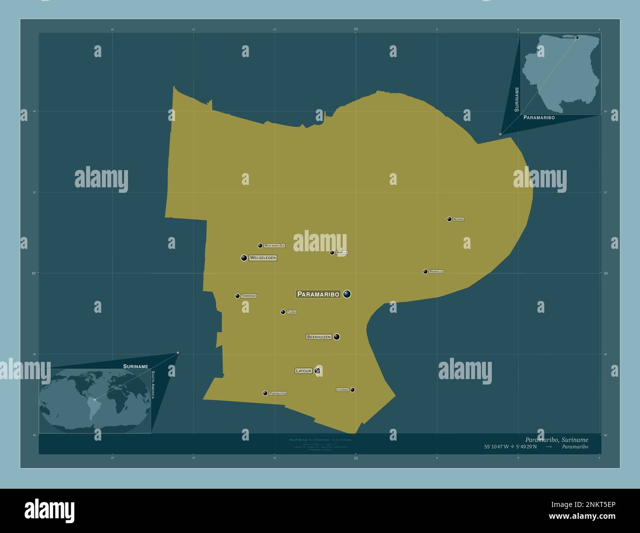 Paramaribo, district of Suriname. Solid color shape. Locations and names of major cities of the