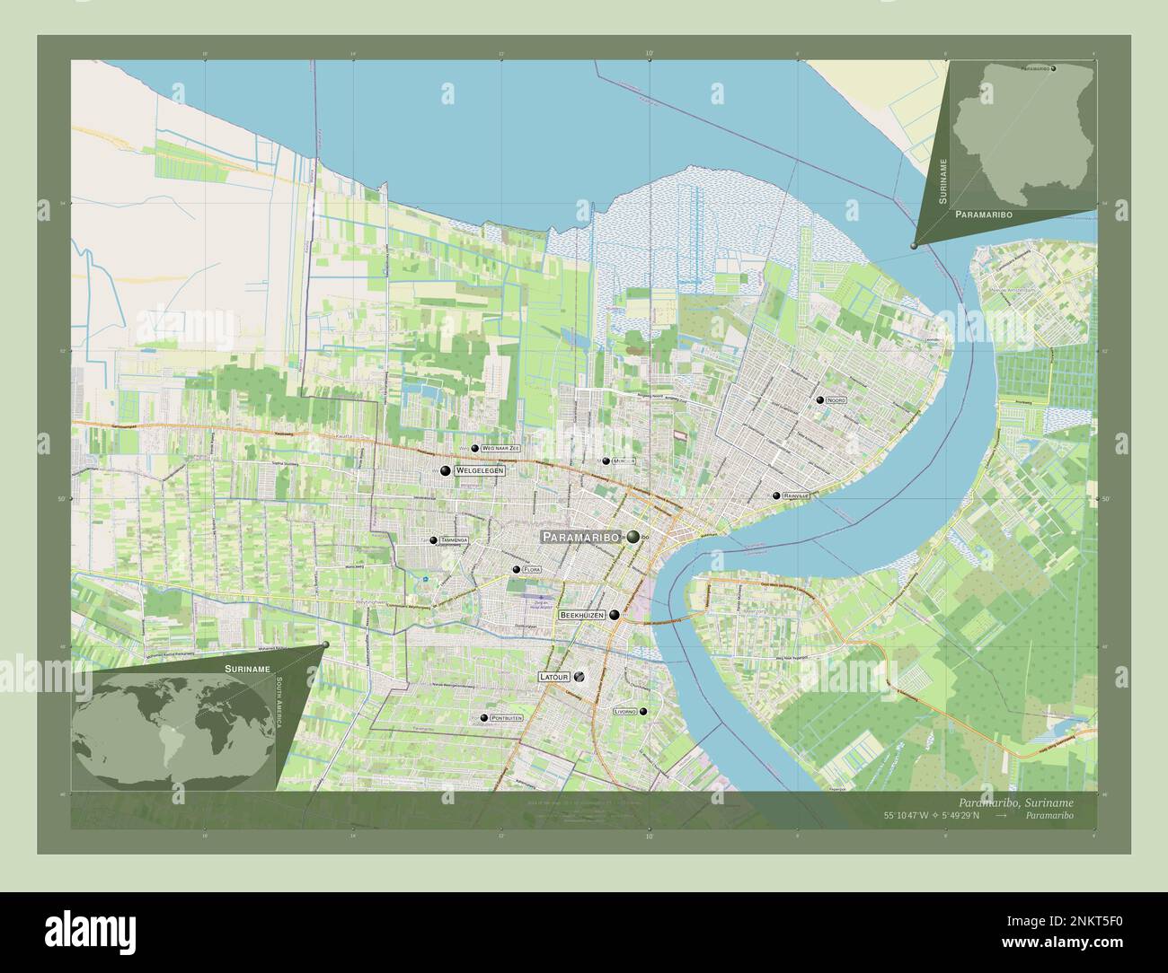 Paramaribo, district of Suriname. Open Street Map. Locations and names ...