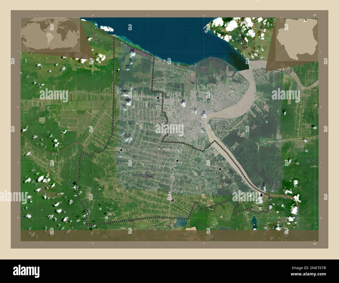 Wanica, district of Suriname. High resolution satellite map. Locations ...