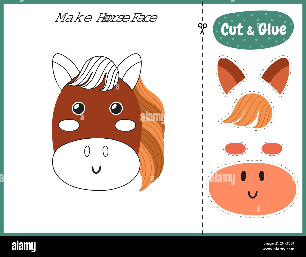 Make a horse face funny game for kids. Cut and glue educational