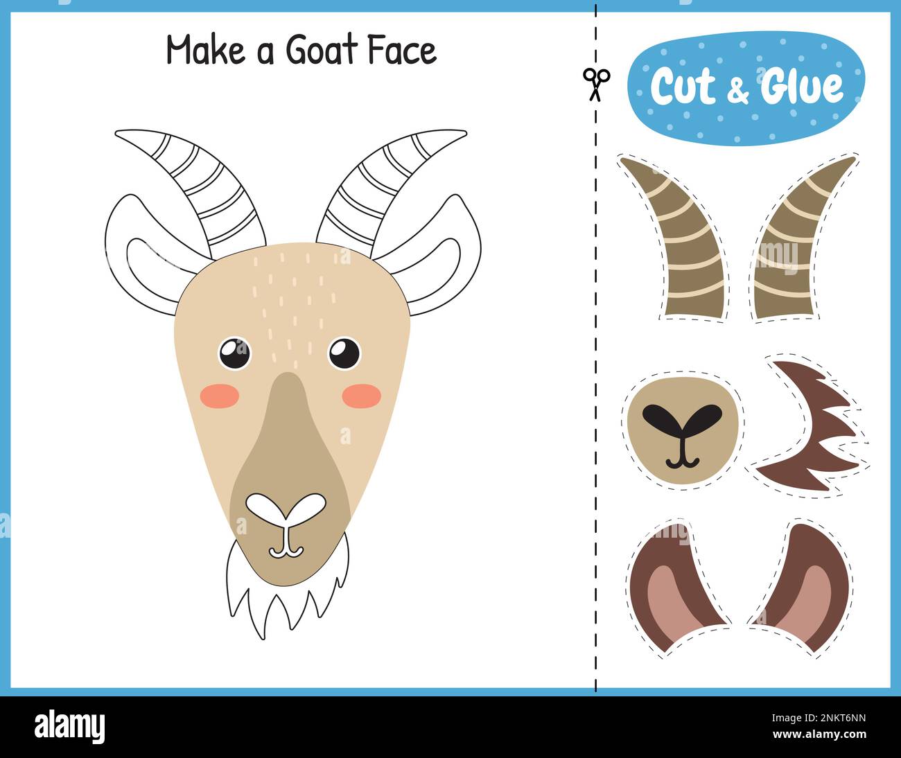 Make a goat face funny game for kids. Cut and glue educational activity