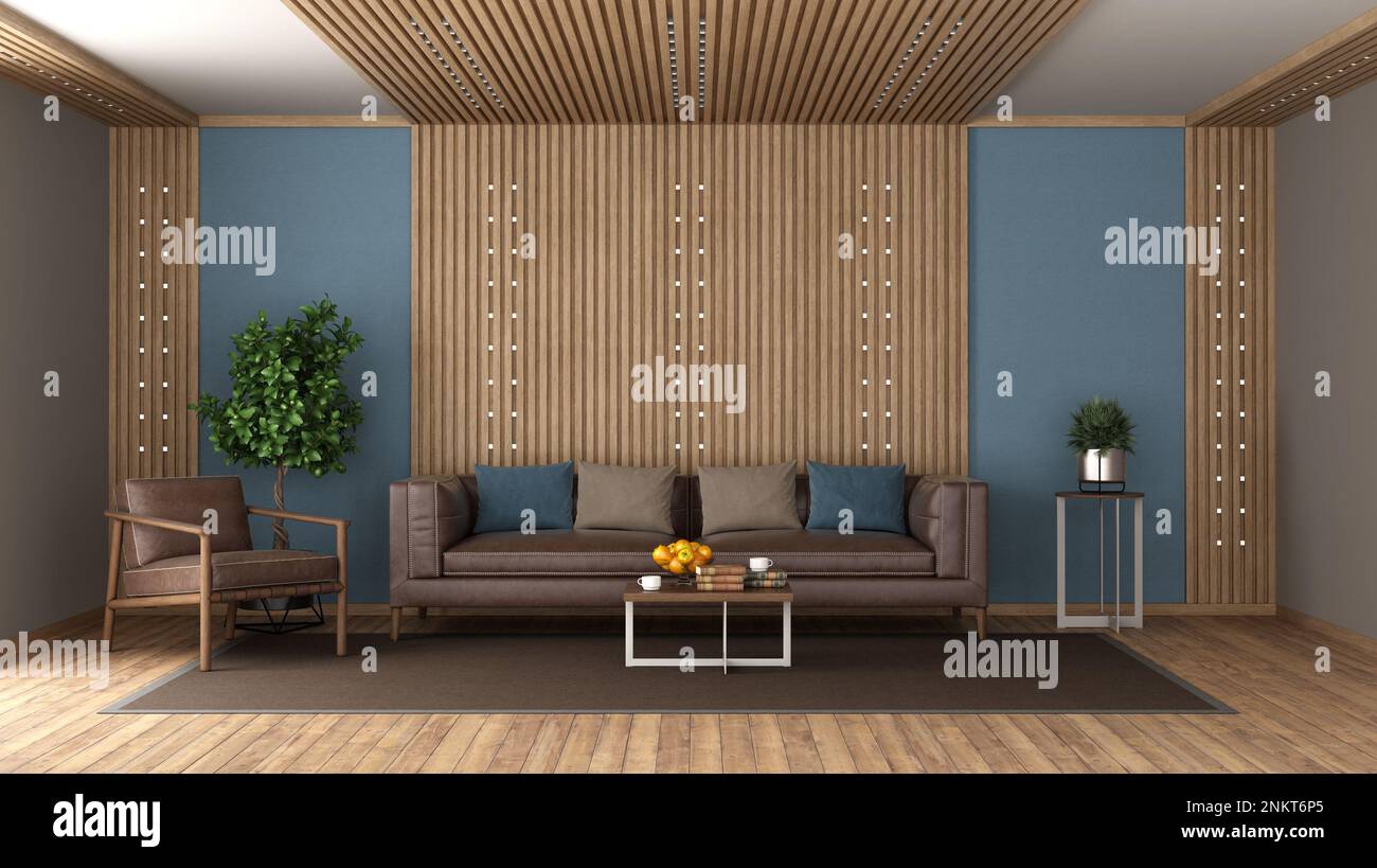 Living room with leather sofa room wood paneling and led light 3d