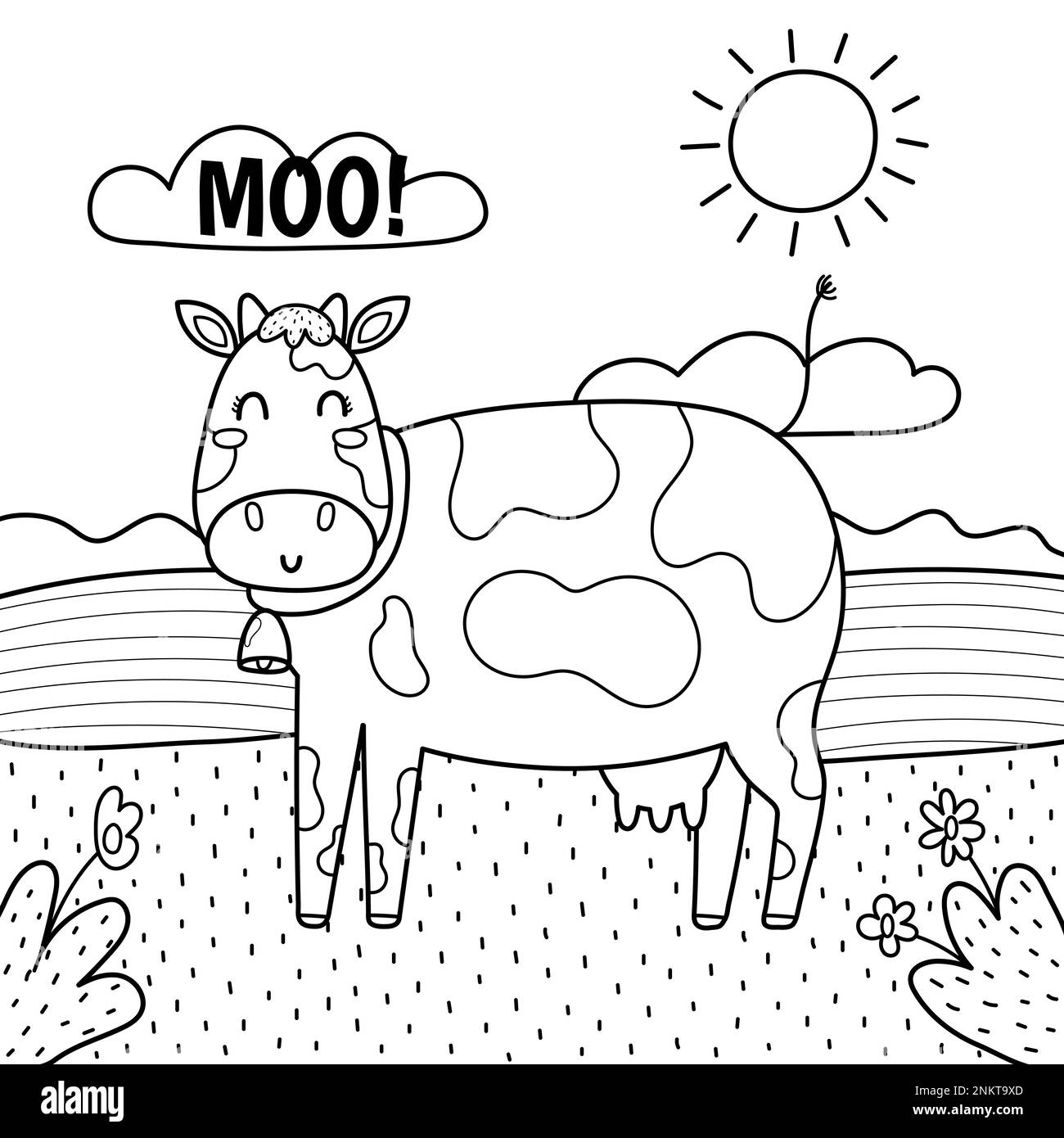The cow goes moo black and white print. Coloring page with cute farm character Stock Vector