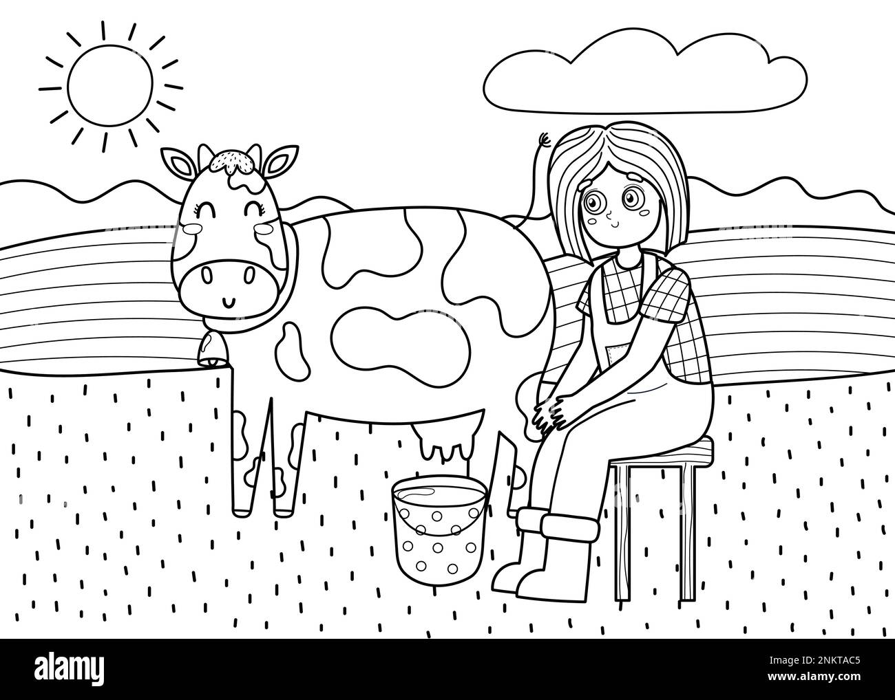 Black and white on the farm poster with cute girl milking a cow. Coloring page Stock Vector