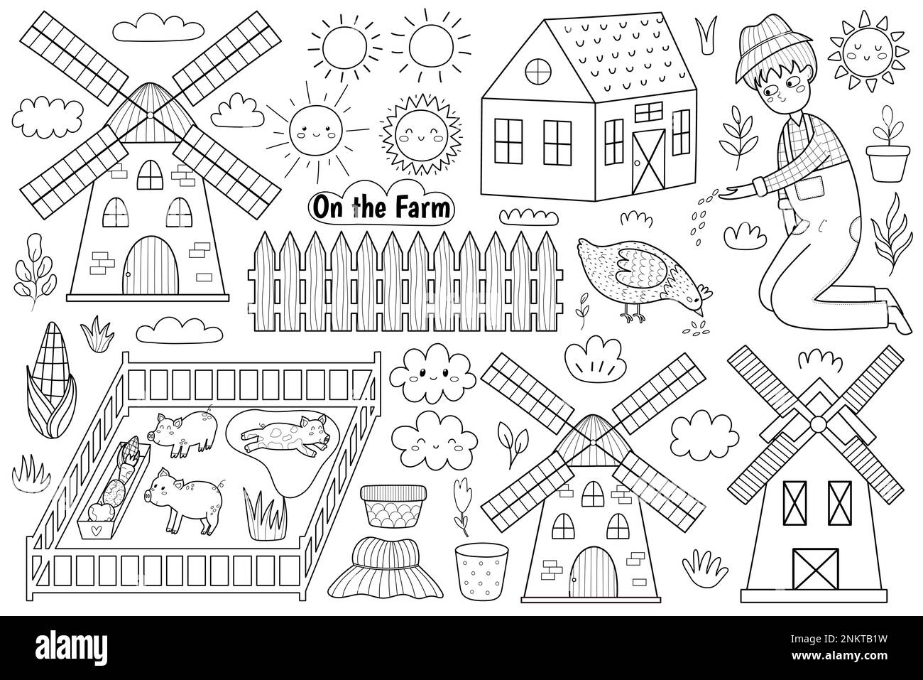 Black and white farm set with cute animals and kids farmers. Coloring page Stock Vector