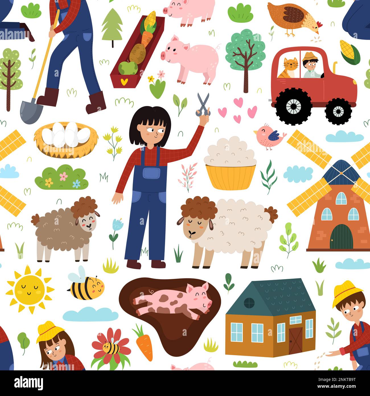 Cute seamless pattern with farm animals and kids farmers Stock Vector ...
