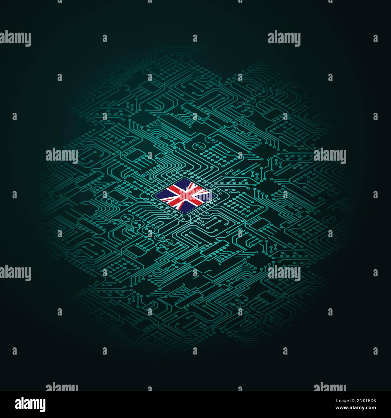 Electric circuit perspective UK green microchip Stock Vector