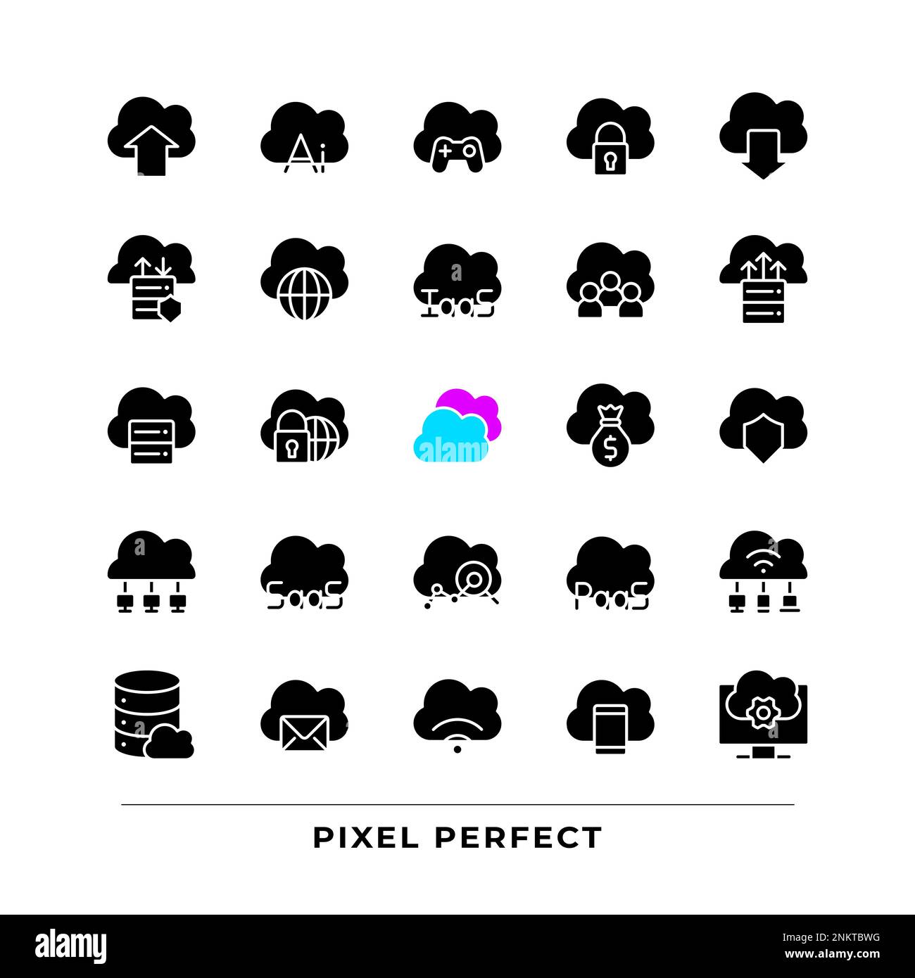 Cloud computing black glyph icons set on white space Stock Vector