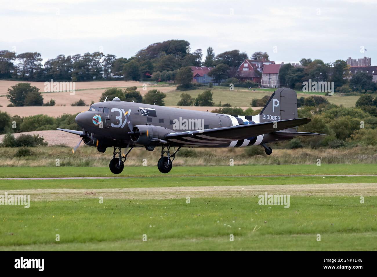 This is the Douglas C-47A Skytrain cargo plane demonstrated at the Shoreham Airshow, Shoreham Airport, East Sussex, UK. 30th August 2014 Stock Photo