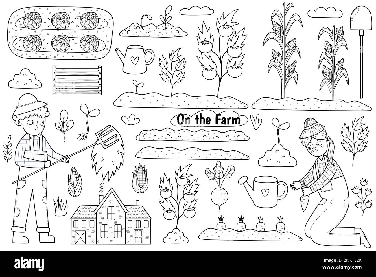 Black and white set with cute kids farmers working in the garden