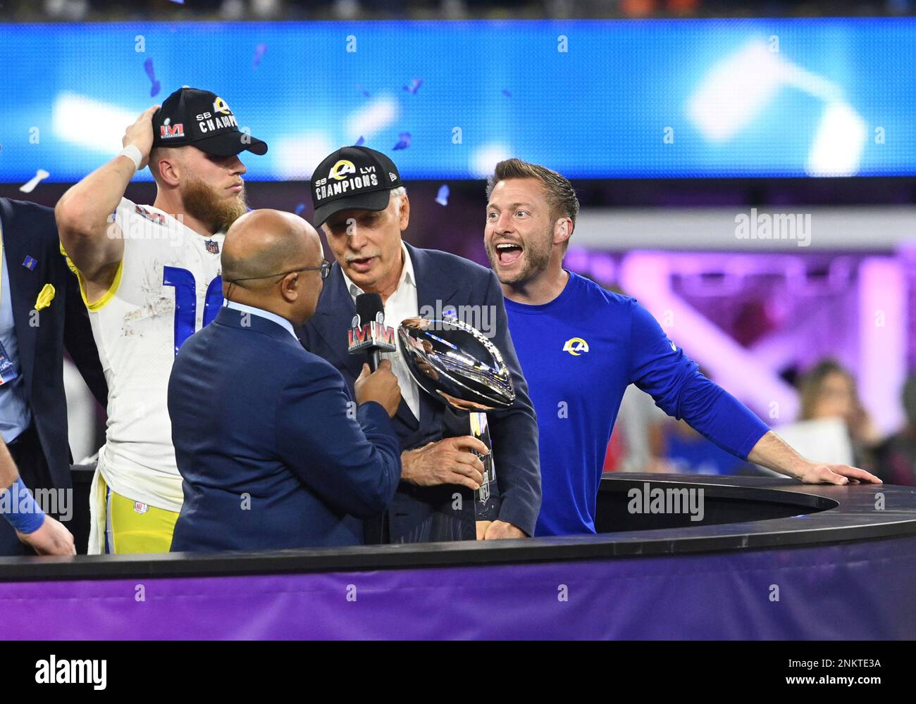 INGLEWOOD, CA - FEBRUARY 13: Rams owner Stan Kroenke receives the Lombardi  Trophy as head coach Los Angeles Rams head coach Sean McVay celebrates  after the Los Angeles Rams defeated the Cincinnati