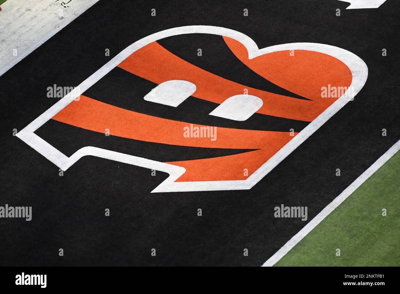 INGLEWOOD, CA - FEBRUARY 13: The Bengals logo painted in the end zone  during warmups for Super Bowl LVI between the Cincinnati Bengals and the  Los Angeles Rams on February 13, 2022,
