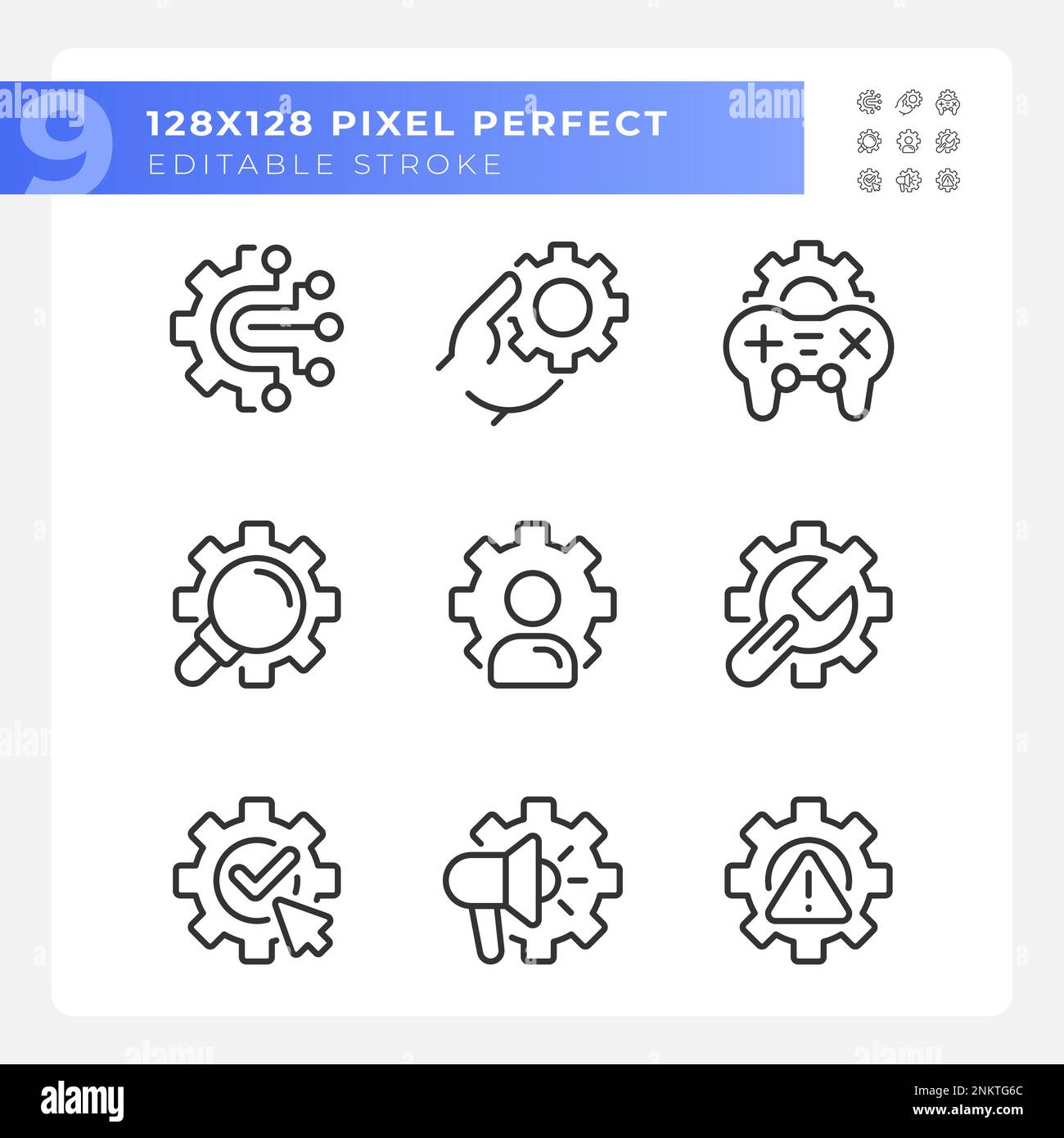 Gears pixel perfect gradient linear vector icons set Stock Vector