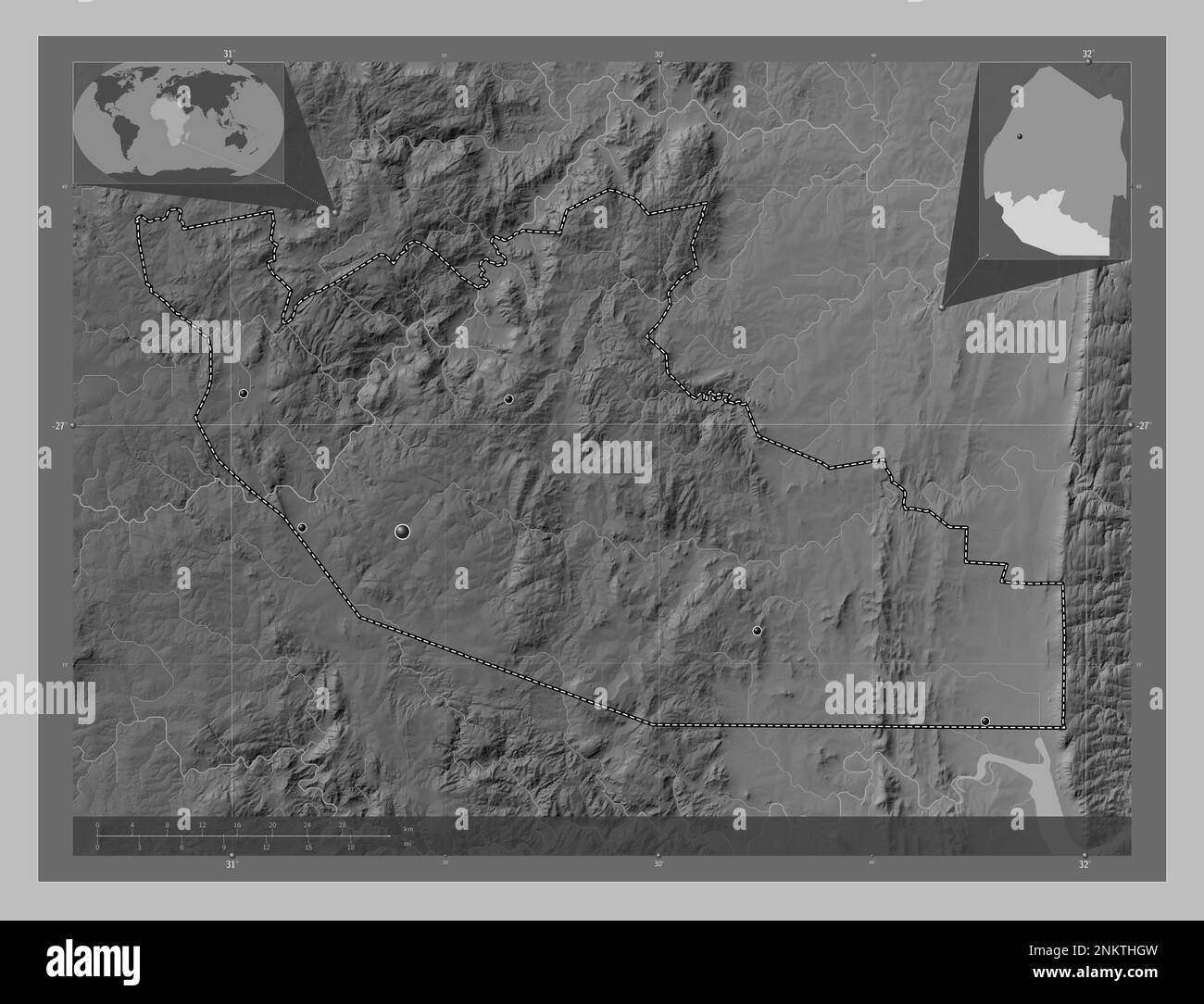 Shiselweni, district of Eswatini. Grayscale elevation map with lakes ...