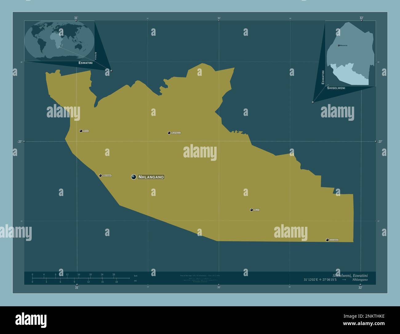 Shiselweni, district of Eswatini. Solid color shape. Locations and ...