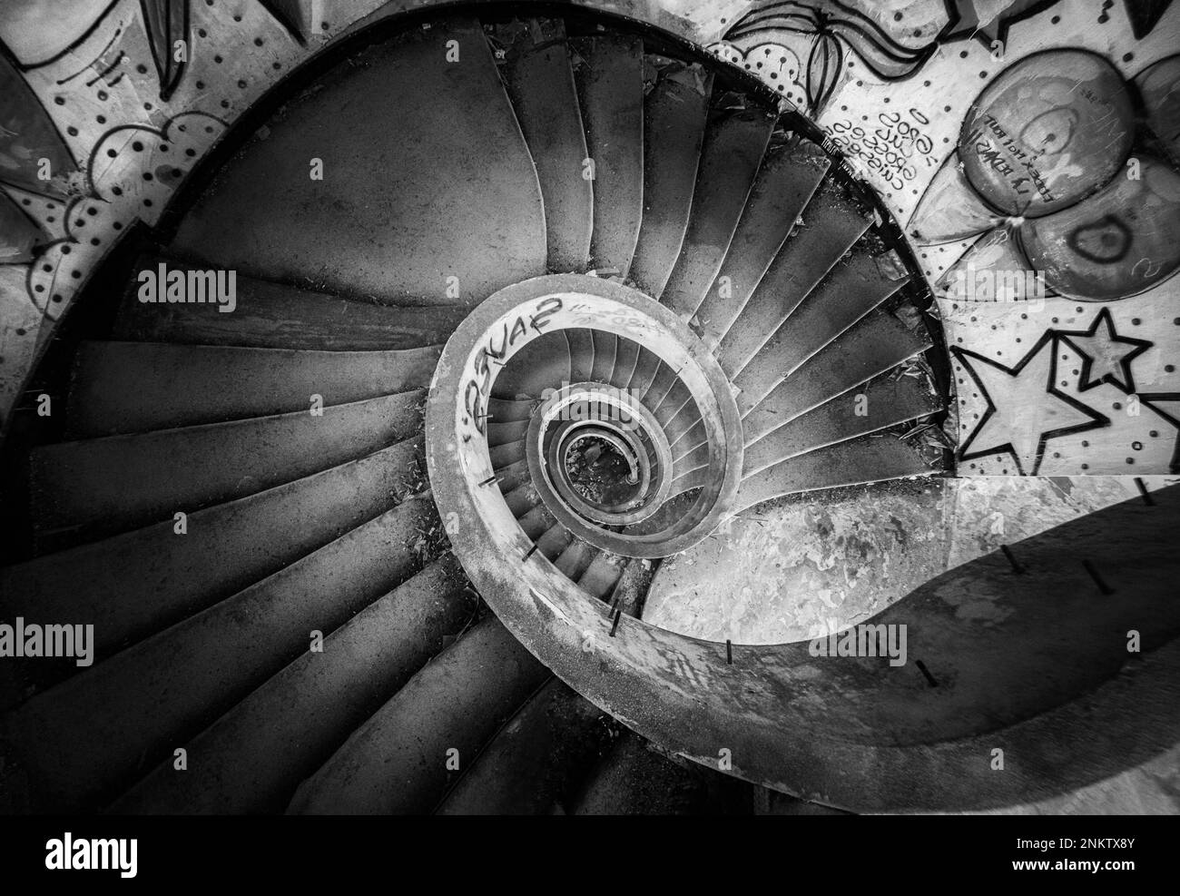 Stairs in an abandoned hotel in the island of Sao Miguel in the Azores,Monte Palace. black and white Stock Photo