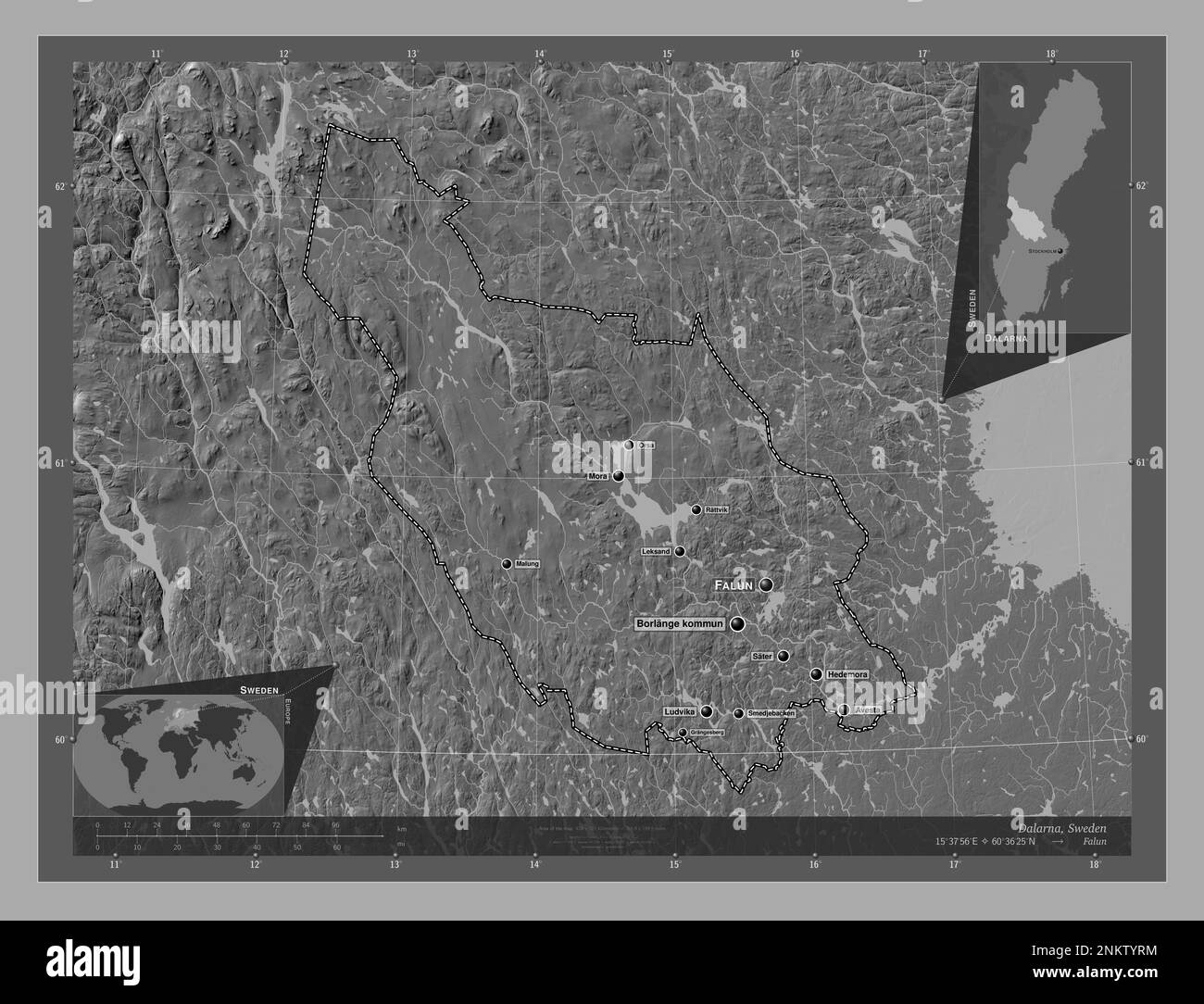 Dalarna, county of Sweden. Bilevel elevation map with lakes and rivers. Locations and names of major cities of the region. Corner auxiliary location m Stock Photo