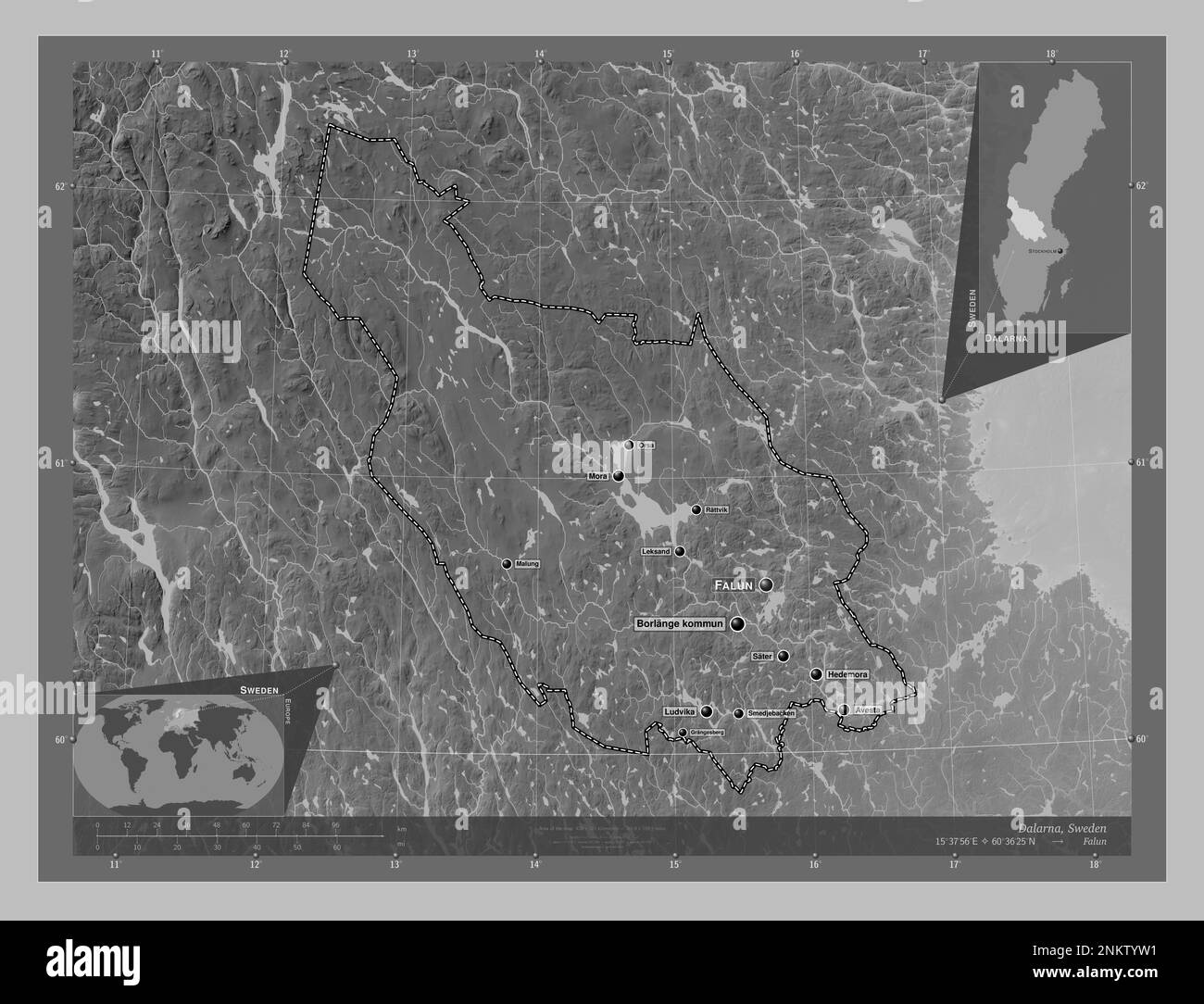 Dalarna, county of Sweden. Grayscale elevation map with lakes and rivers. Locations and names of major cities of the region. Corner auxiliary location Stock Photo