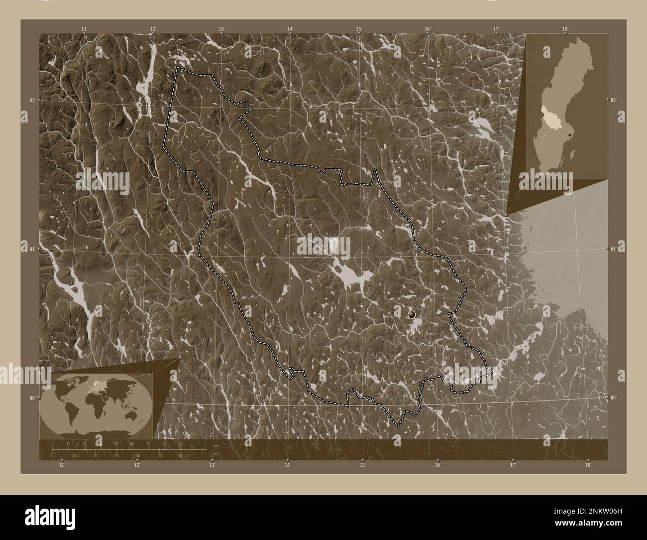 Dalarna County Of Sweden Elevation Map Colored In Sepia Tones With Dalarna County Of Sweden Elevation Map Colored In Sepia Tones With Lakes And Rivers Corner Auxiliary Location Maps 2NKW06H 