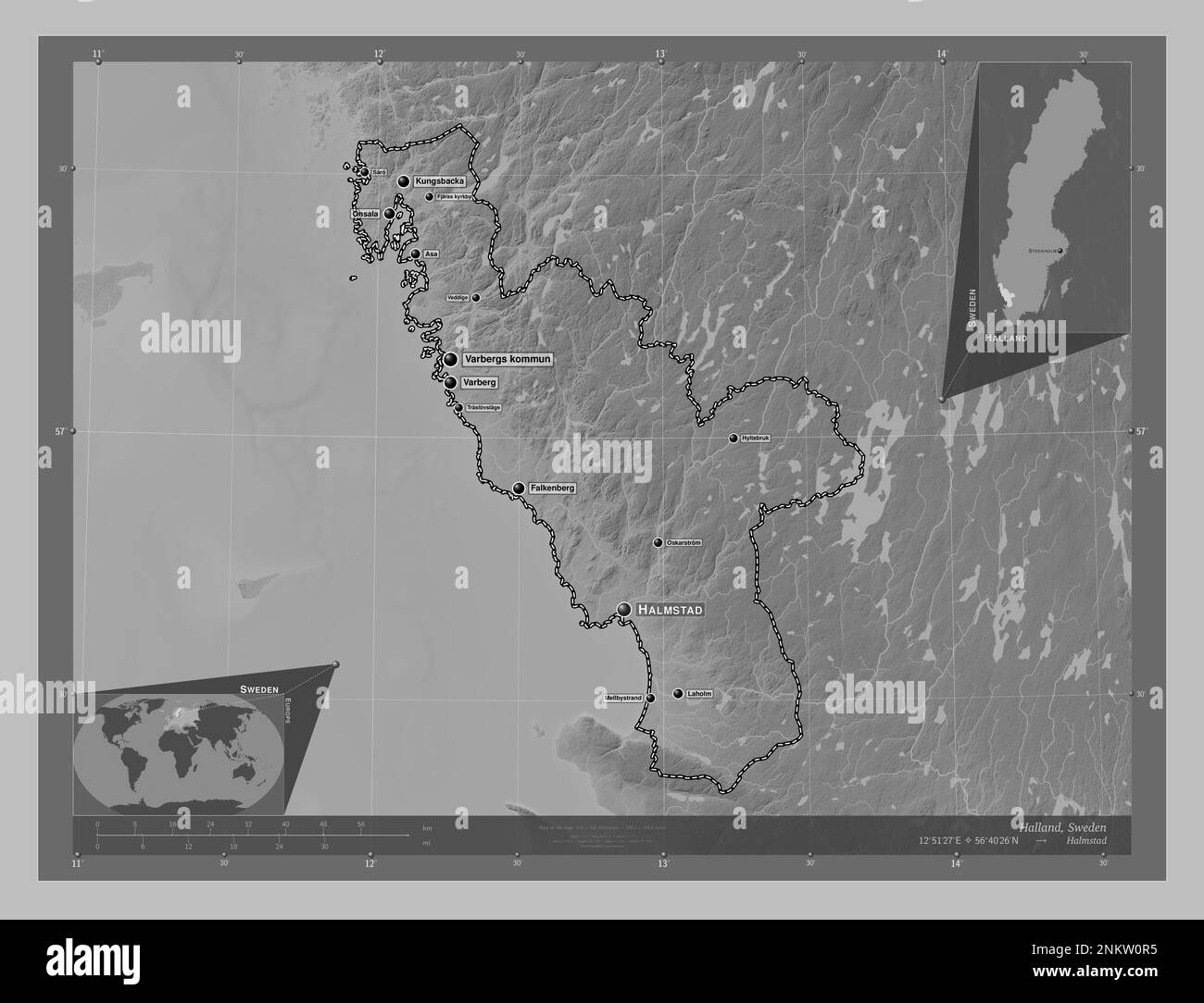 Halland, county of Sweden. Grayscale elevation map with lakes and