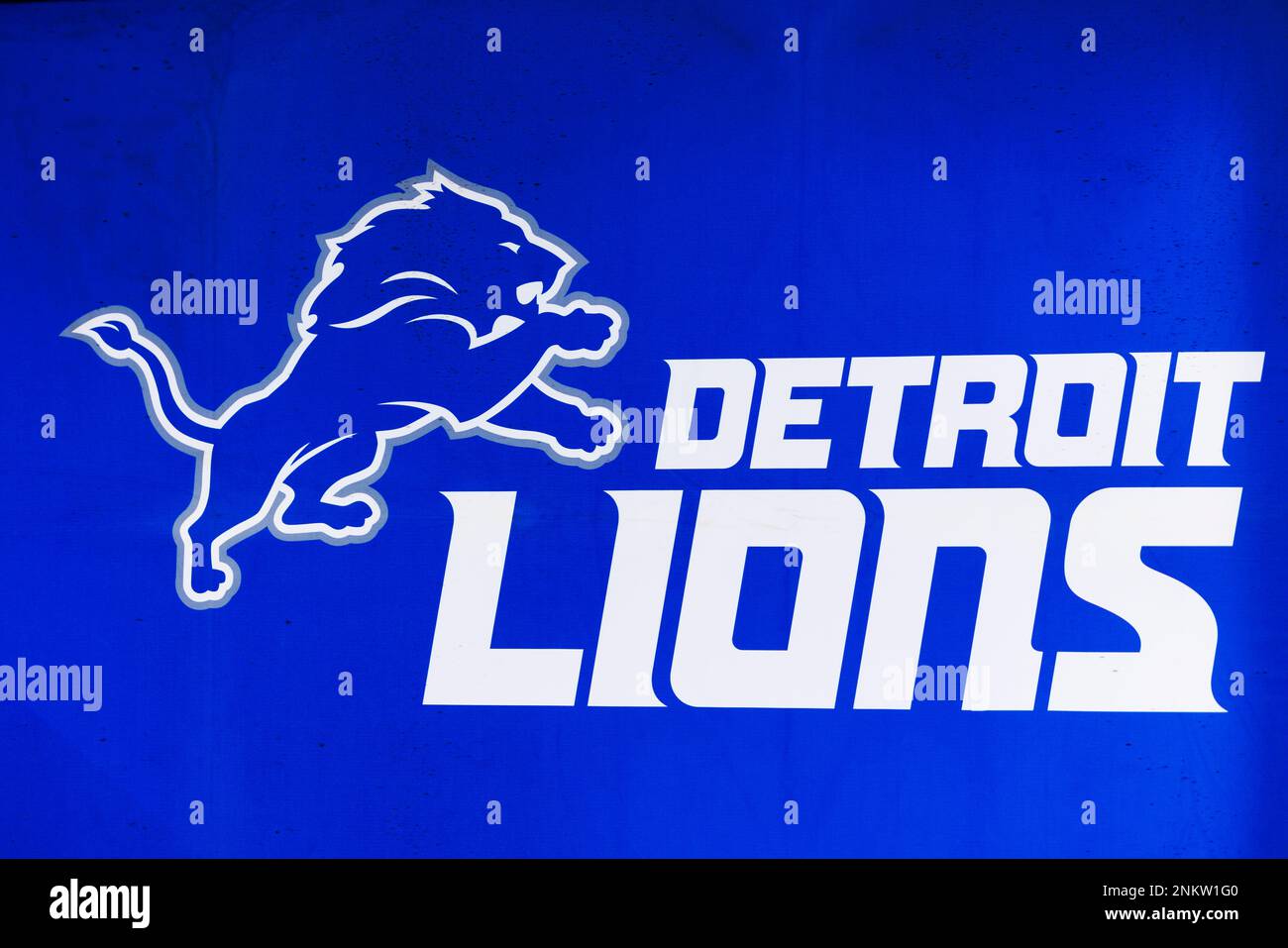 LOS ANGELES, CA - FEBRUARY 08: Detail view of the Detroit Lions logo seen  at the Super Bowl Experience on February 08, 2022, at the Los Angeles  Convention Center in Los Angeles,