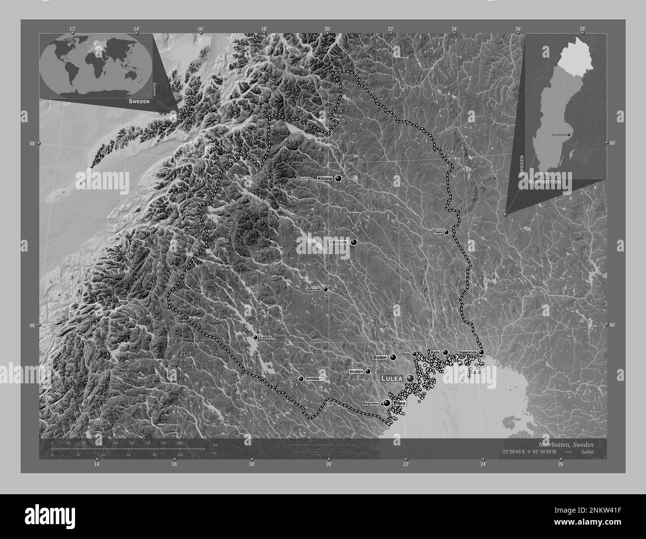 Norrbotten, county of Sweden. Grayscale elevation map with lakes and rivers. Locations and names of major cities of the region. Corner auxiliary locat Stock Photo