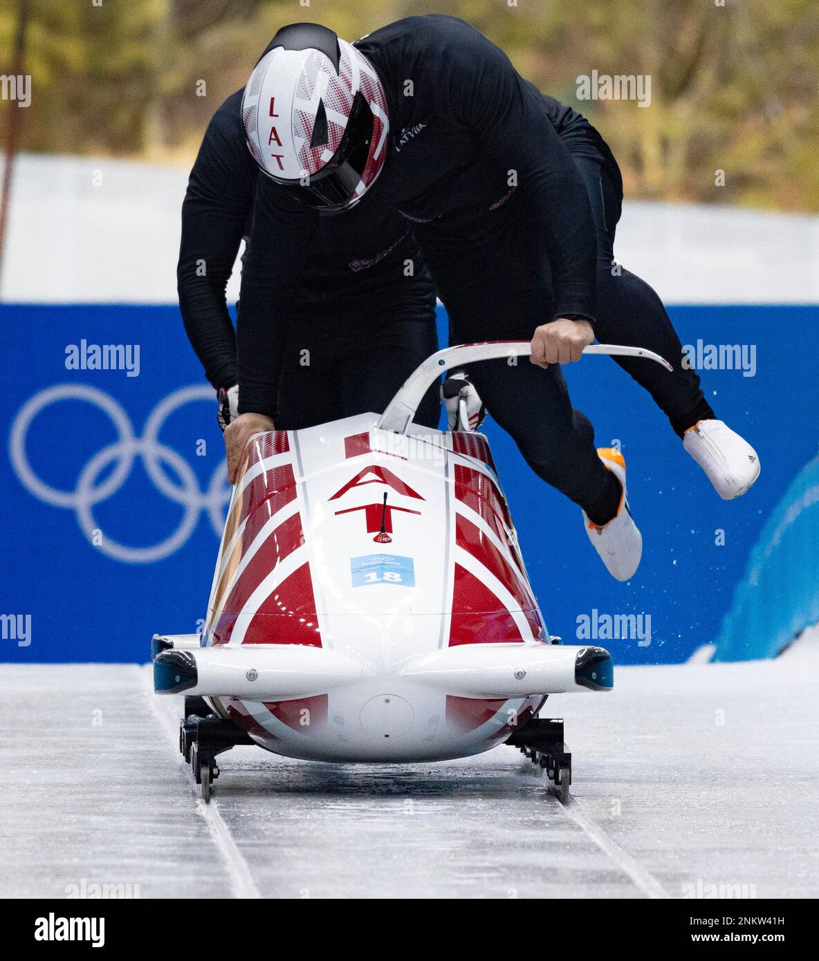 February 11, 2022, Beijing, Hebei, China Xiaohaituo Bobsleigh, skeleton and Luge Track Bobsleigh Latvia team during the 2-man Official Training Heat 4 Results