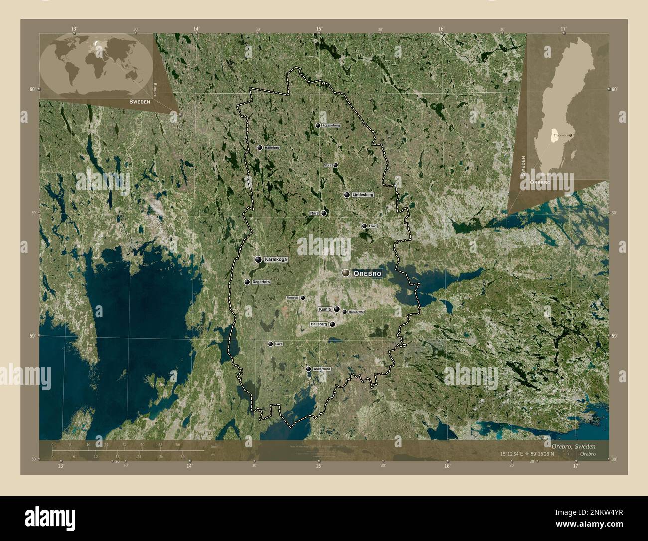 Orebro, county of Sweden. High resolution satellite map. Locations and names of major cities of the region. Corner auxiliary location maps Stock Photo
