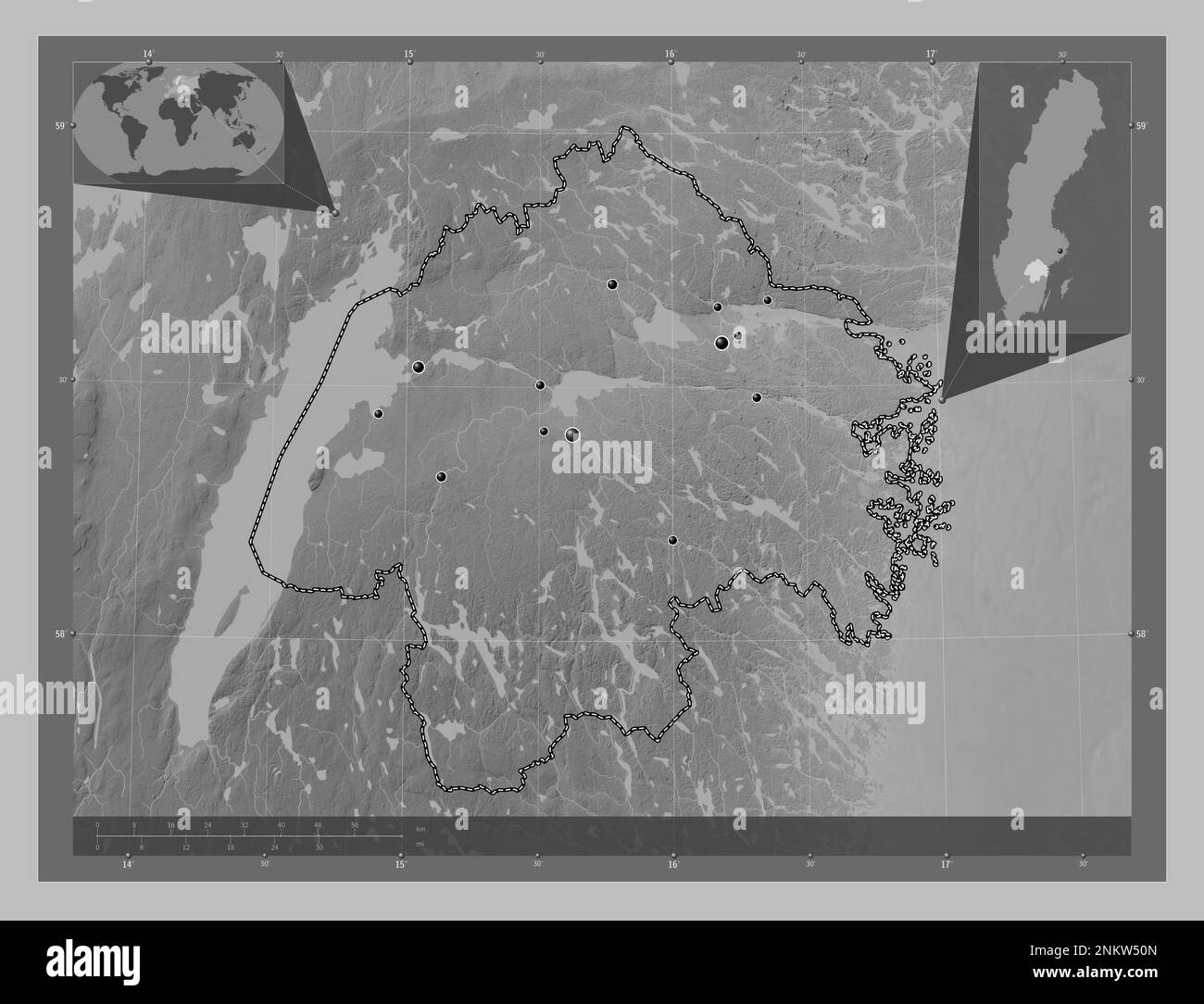 Ostergotland, county of Sweden. Grayscale elevation map with lakes and rivers. Locations of major cities of the region. Corner auxiliary location maps Stock Photo