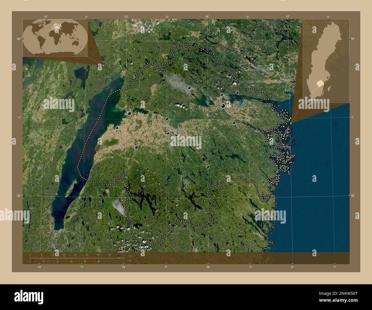 Ostergotland, county of Sweden. Low resolution satellite map. Locations of major cities of the region. Corner auxiliary location maps Stock Photo