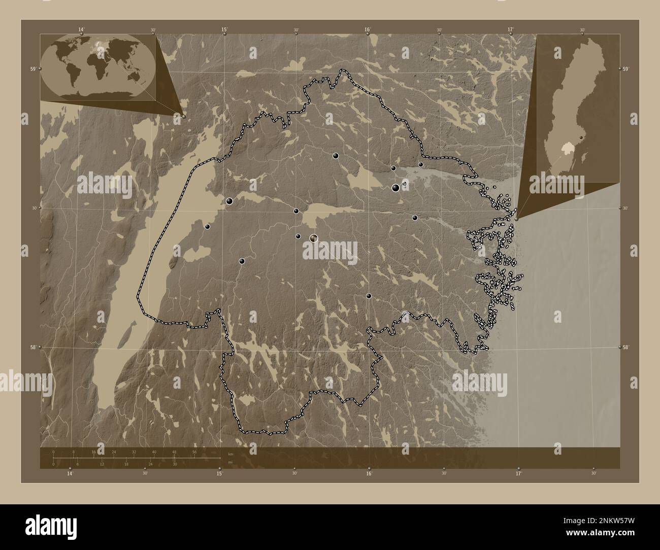 Ostergotland, county of Sweden. Elevation map colored in sepia tones with lakes and rivers. Locations of major cities of the region. Corner auxiliary Stock Photo