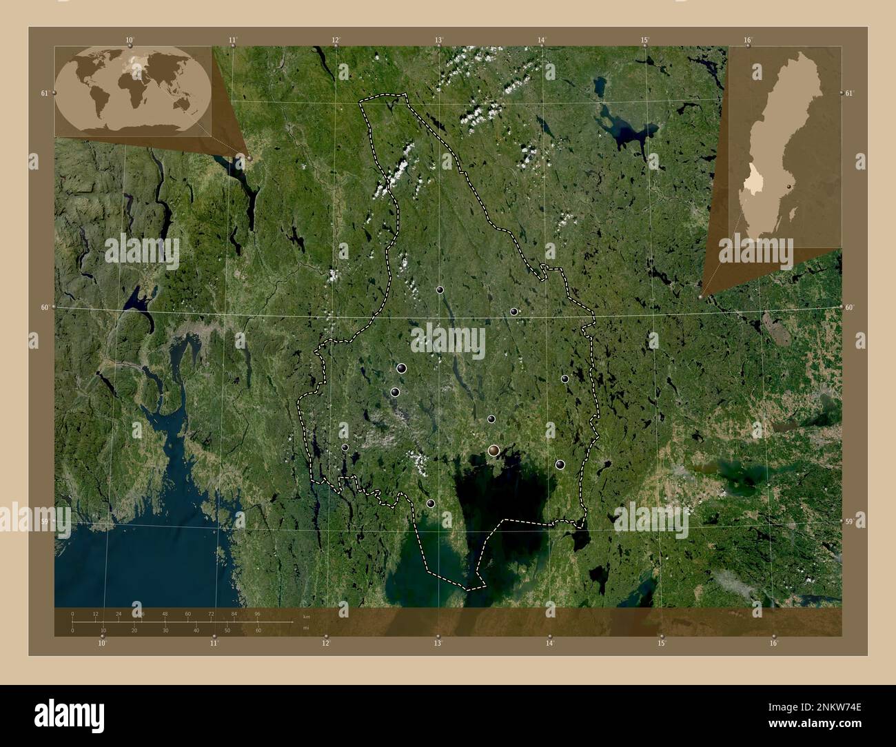 Varmland, county of Sweden. Low resolution satellite map. Locations of