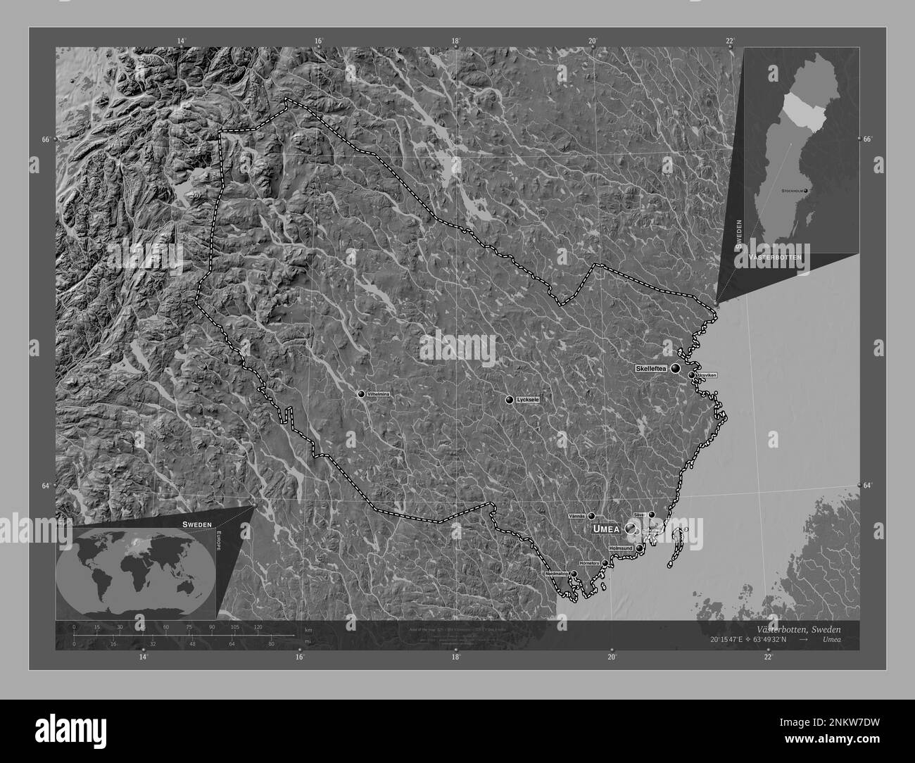 Vasterbotten, county of Sweden. Bilevel elevation map with lakes and rivers. Locations and names of major cities of the region. Corner auxiliary locat Stock Photo