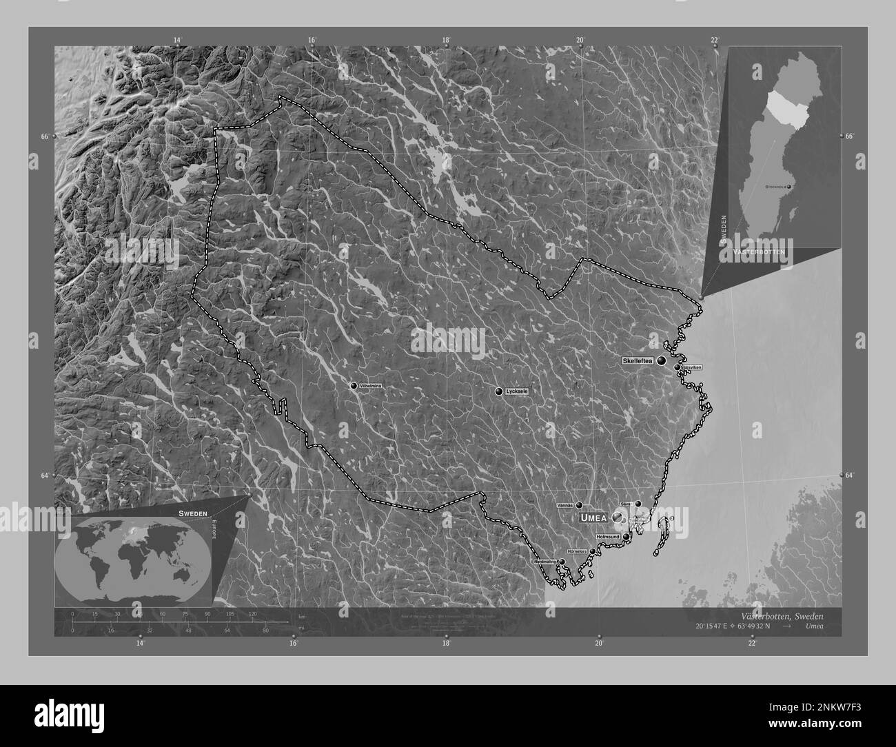 Vasterbotten, county of Sweden. Grayscale elevation map with lakes and rivers. Locations and names of major cities of the region. Corner auxiliary loc Stock Photo