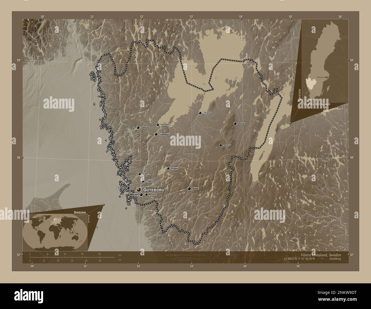 Vastra Gotaland, county of Sweden. Elevation map colored in sepia tones ...